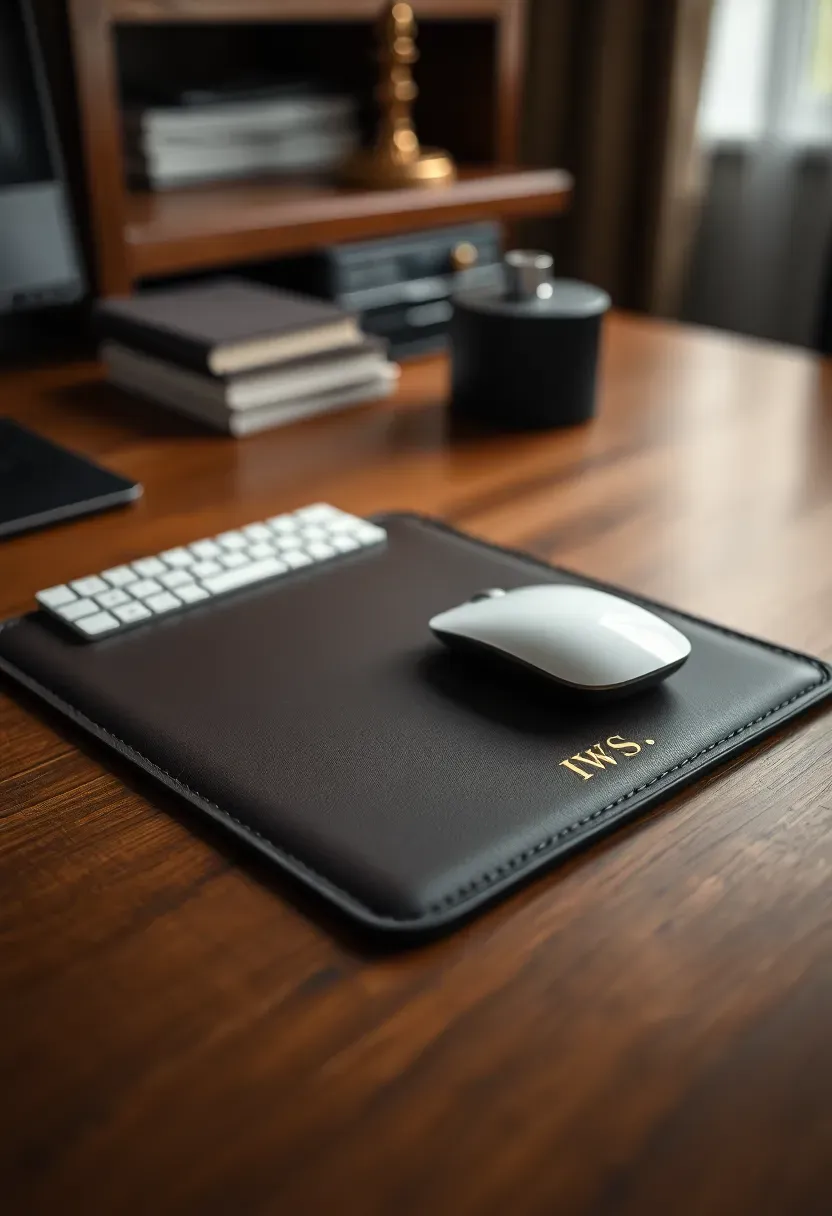 Monogrammed leather mouse pad in dark brown with gold initials in the corner on a polished desk with a wireless mouse