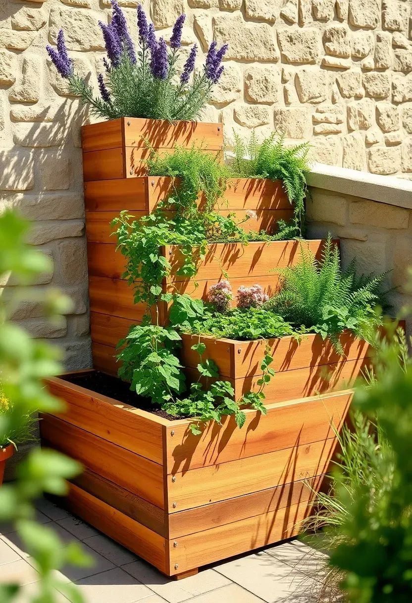 Tiered planter garden on a sun terrace with cascading levels of herbs, flowers, and ornamental grasses, creating a green staircase effect