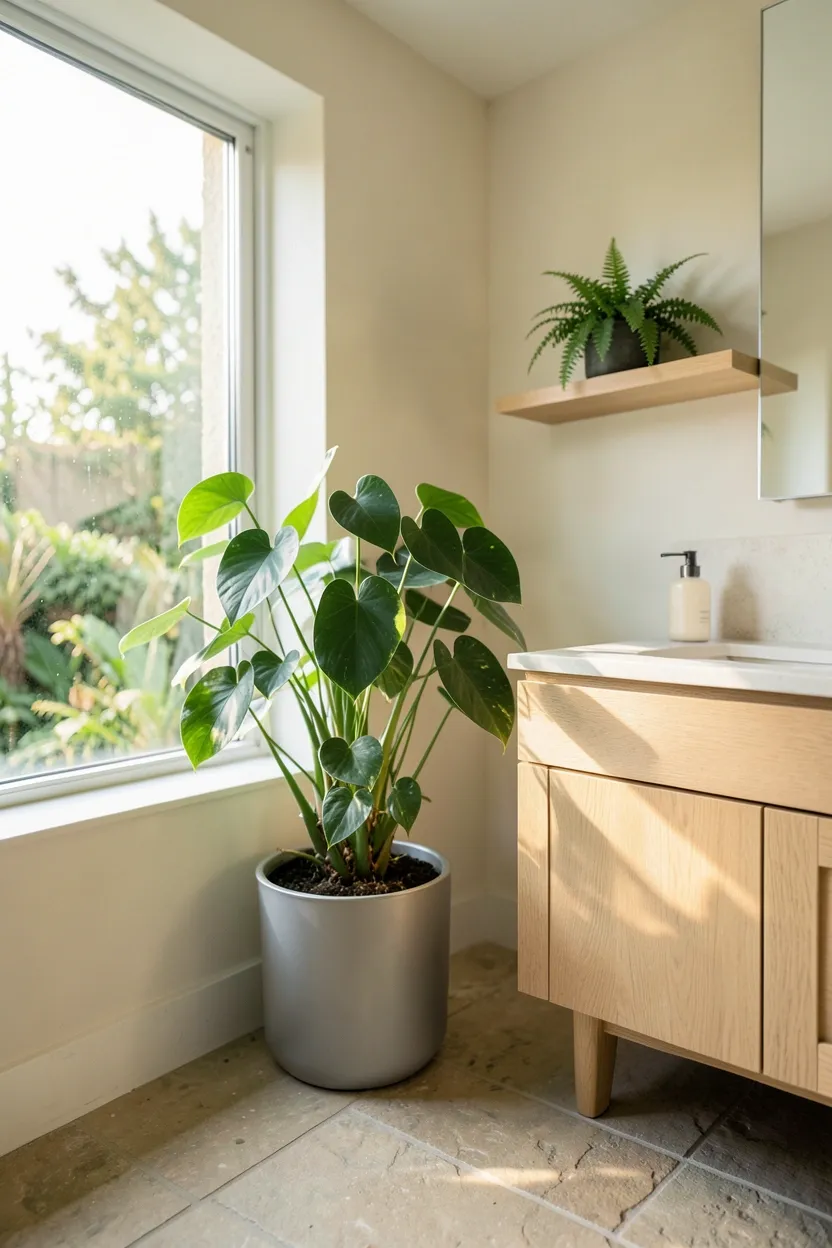 Biophilic bathroom with pothos plant, natural stone, and warm wood elements for stress-reducing design