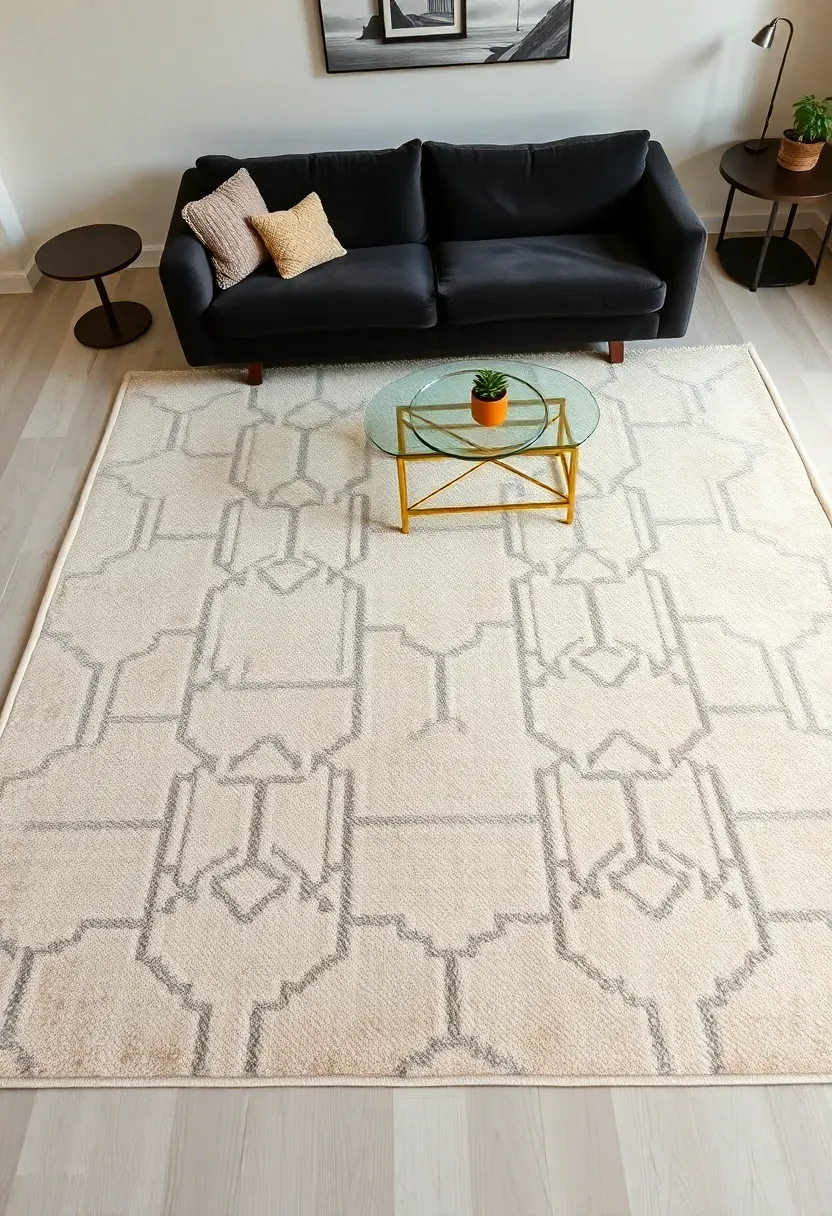 Hyper-realistic top-down angled view of luxury area rug. Materials: hand-knotted wool rug in subtle cream geometric pattern, plush visible pile, refined bound edges, large scale extending under charcoal velvet sofa and brass coffee table. Cream walls, white oak floor visible at edges. Rug as elegant foundation anchoring space.</p>
