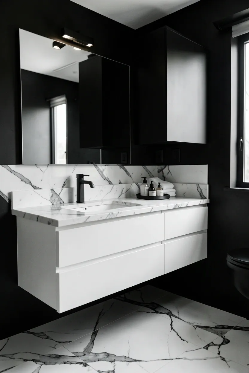 White marble floor with dramatic black veining against bold black walls and white fixtures — luxurious monochrome bathroom