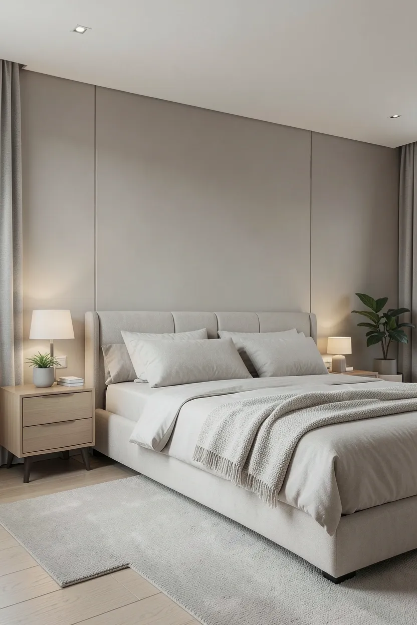 Minimalist luxury bedroom with a single statement bed, neutral linen bedding, one sculptural lamp, and clean uncluttered surfaces