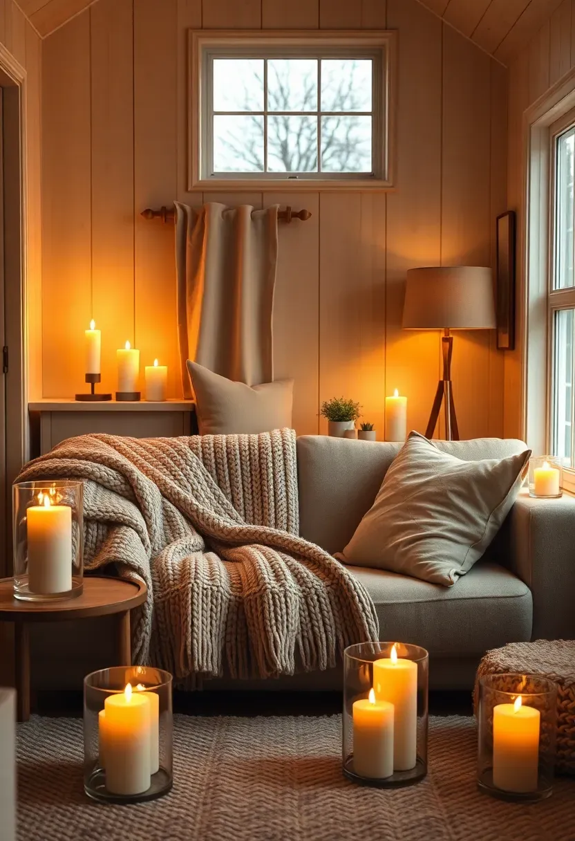 Hyper-realistic 3/4 view of tiny house living room epitomizing hygge with candles, textiles, and cozy atmosphere. Materials: multiple pillar candles in glass holders, chunky knit throw blanket, plush sofa with velvet pillows, wool rug, warm lighting from lamps and candles, light wood walls. Soft warm glow from multiple light sources creating inviting sanctuary, beige and cream color palette with golden candlelight, quintessential Danish hygge winter evening mood. Shallow depth of field, sharp details on candle flames and fabric textures, visible tiny house scale with intimate seating arrangement. No text, no logos, no watermarks.</p>