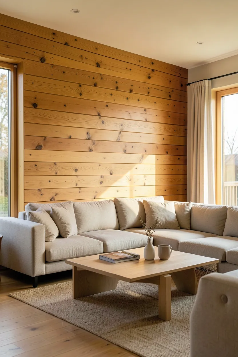 Warm oak horizontal shiplap wall paneling behind a contemporary cream sofa in a cozy rustic apartment living room