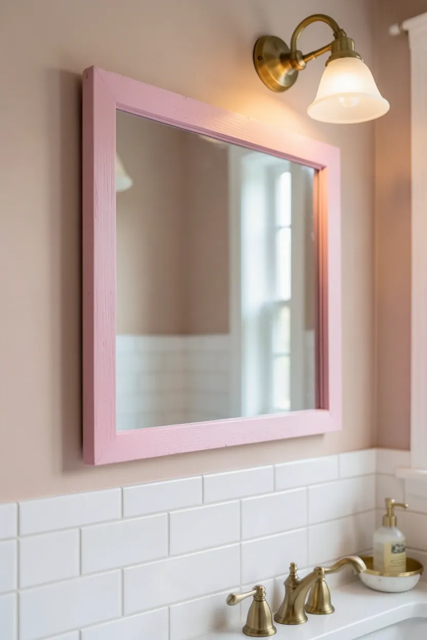 DIY blush pink mirror frame made with washi tape and gold corner accents on bathroom wall in apartment
