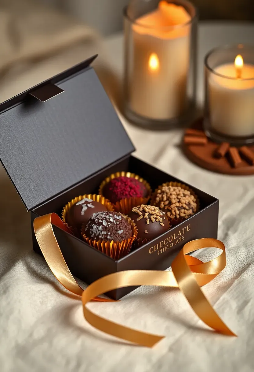 elegant small chocolate truffle box with four assorted truffles in gold foil cups and a satin ribbon
