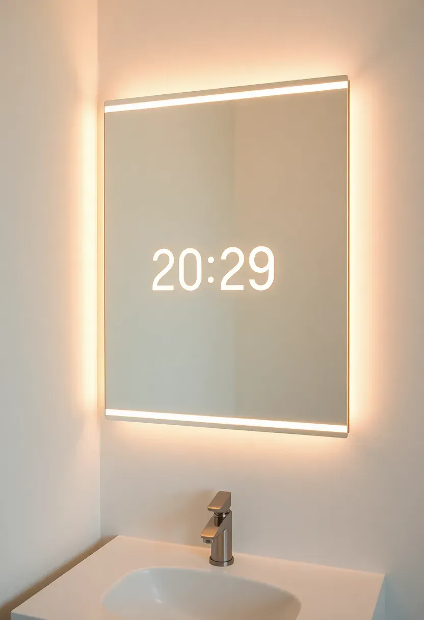 smart bathroom mirror with integrated LED display and touch controls