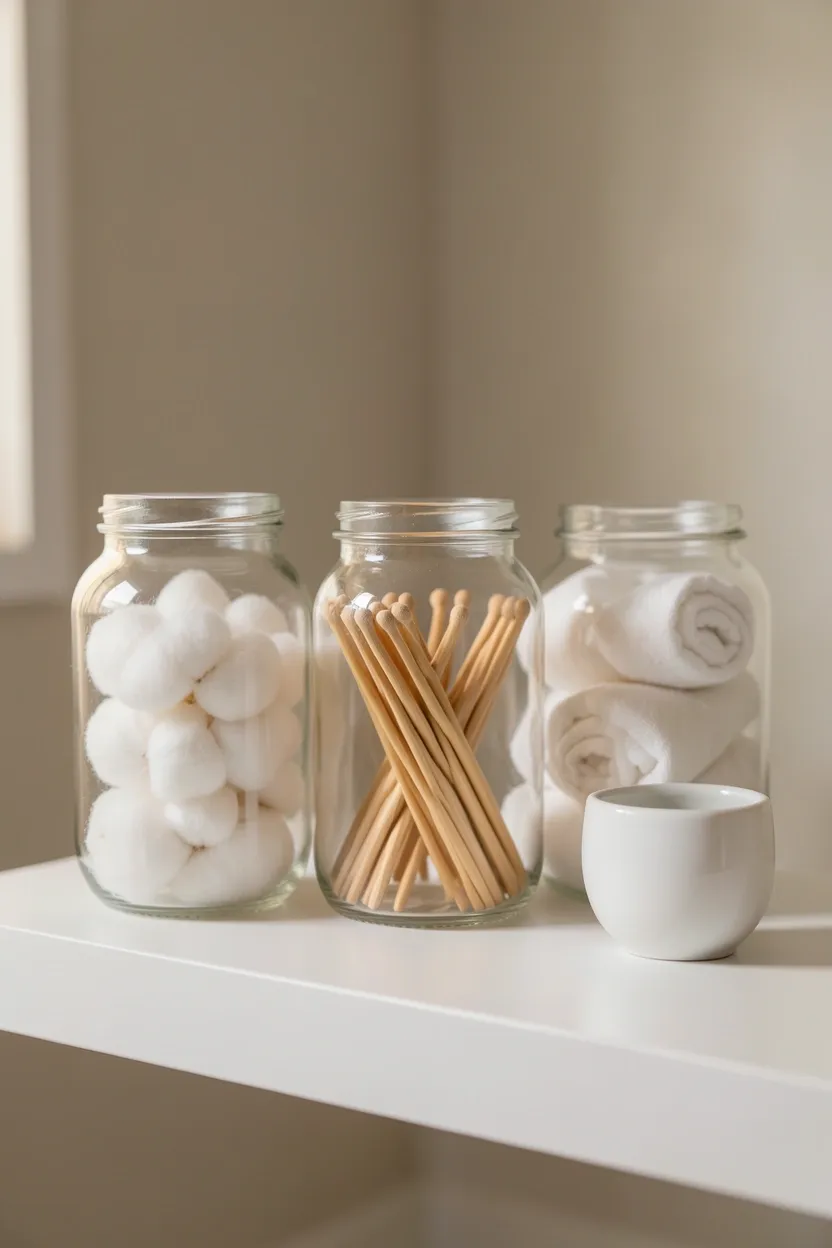 Clear glass apothecary jars filled with cotton balls, bath salts, and swabs arranged on a bathroom shelf for organized display storage