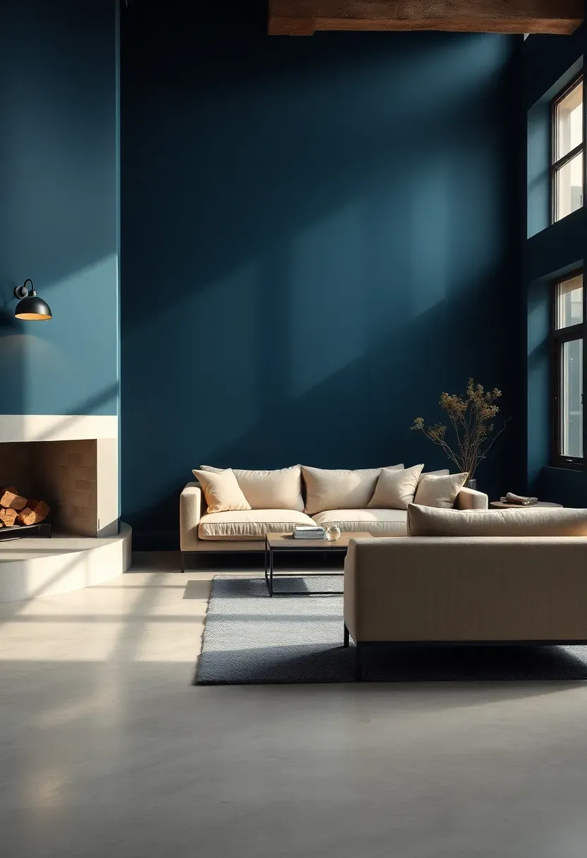 Hyper-realistic wide shot of minimalist industrial living room with navy blue walls concrete flooring concrete fireplace surround beige linen sofa black metal lighting fixtures. Materials: matte navy blue paint polished concrete floor and hearth beige linen sofa black metal fixtures gray wool rug. Soft natural daylight subtle shadows emphasizing concrete texture against navy urban sophisticated atmosphere. Sharp contrast between navy and concrete surfaces clean composition no clutter no text no watermarks.</p>