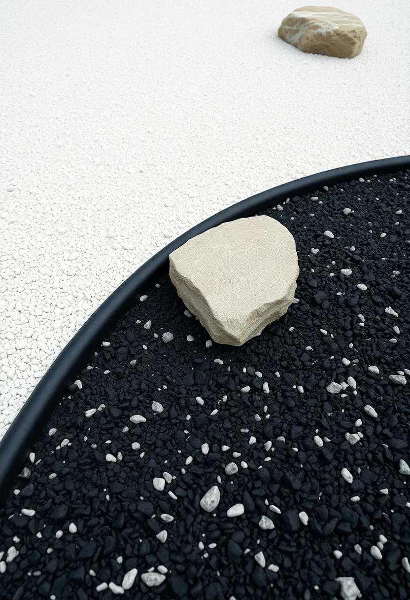 High-contrast zen garden with white fine gravel and irregular patches of black lava rock, separated by a low curved timber border with a single large pale granite boulder