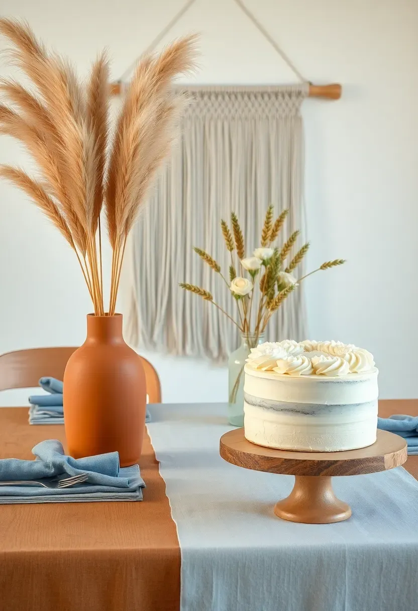 boho baby boy shower table with dried pampas grass in terracotta vase, macrame hanging, dusty blue linen, and naked cake