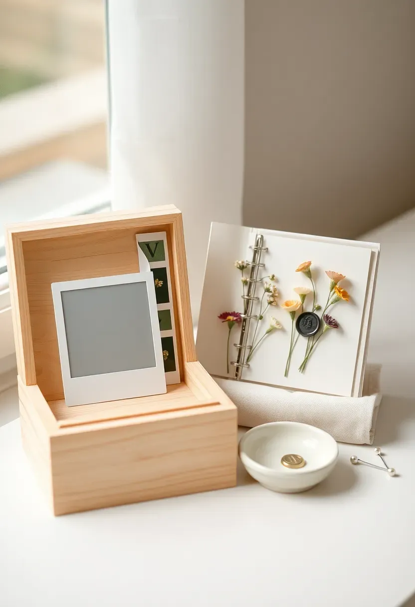 personalized baby shower keepsake station with pine wood name box, frosted glass photo frame, pressed flower cards, and wax seal stamp