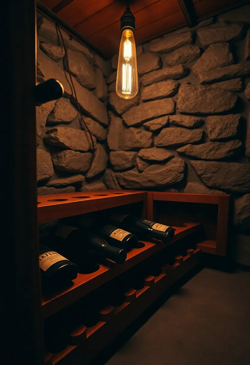 Wooden wine storage rack with bottles resting horizontally in a cool dimly lit basement corner with stone walls
