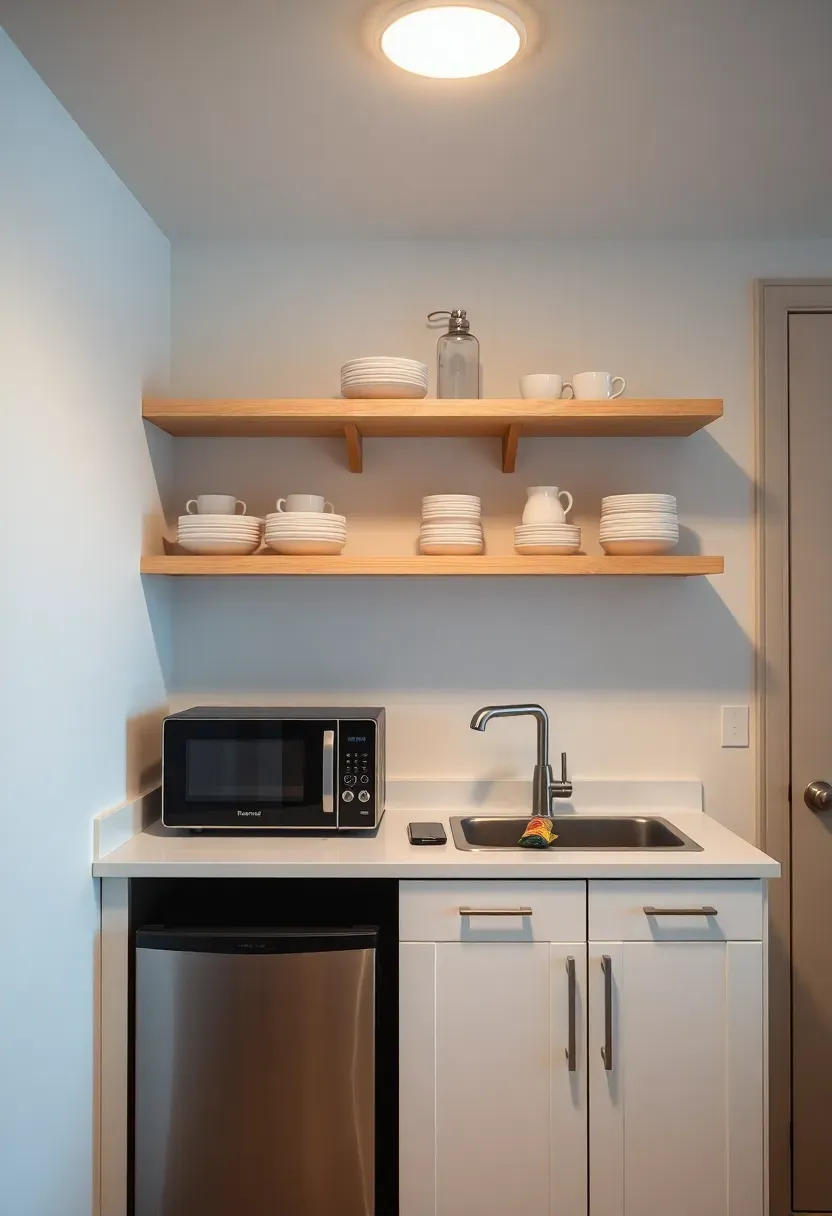 Simple basement mini kitchen for a teen suite with a compact counter, microwave, mini fridge, and a few floating shelves with dishes