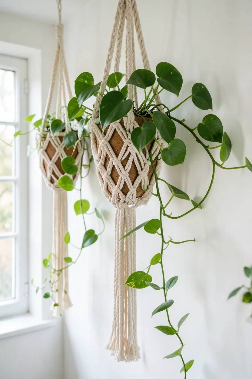 Trailing pothos and string of pearls in handmade macramé plant holders hanging at varying heights in a boho rental bedroom