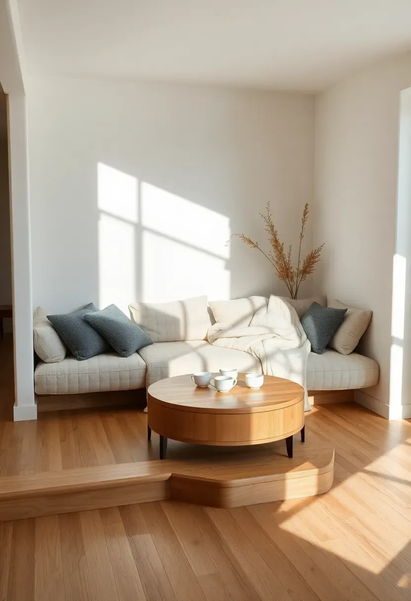 Hyper-realistic wide shot of a minimalist Japandi living room with sunken conversation pit featuring built-in upholstered seating in beige linen, wool throw pillows, low wooden coffee table, and step up to main floor level. Materials: warm white walls, light oak wood floor, beige linen upholstery, charcoal gray wool pillows, white ceramic tea set. Soft natural daylight, subtle shadows showing depth change, intimate and cozy atmosphere. Clean composition with negative space, sharp fabric textures, no clutter, no text, no logos.</p>