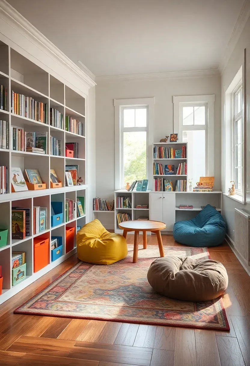 Hyper-realistic 3/4 view of family library with lower cubbies for children's books at kid height, upper shelves for adult books, colorful rug, bean bags, small table, cheerful atmosphere. Materials: white built-ins with colored bin accents, picture books and novels, washable rug, bean bags, wood floor. Bright natural light from windows (midday), cheerful shadows. Family-friendly composition, sharp details, inviting playful mood, visible room with windows. No text, no logos, no watermarks.</p>