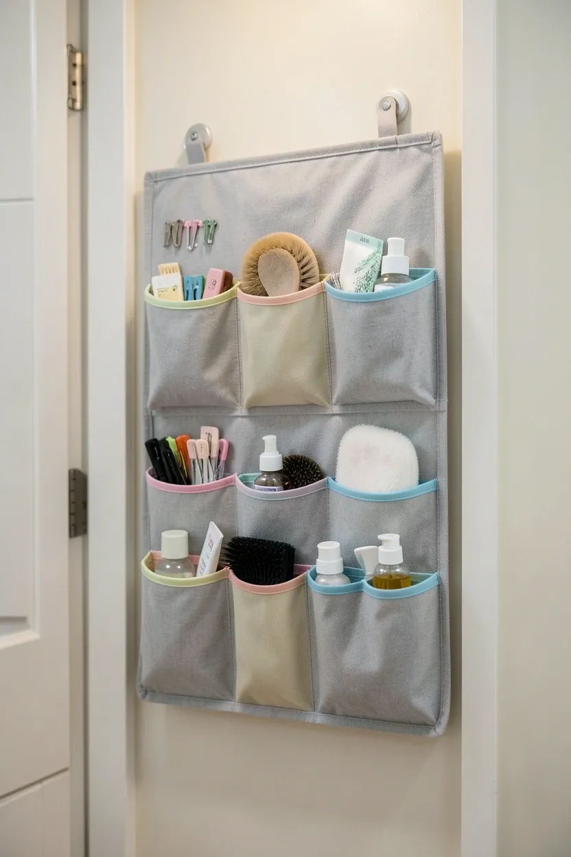 Over-the-door fabric pocket organizer with labeled sections for each family member's toiletries in a Toca Boca big family home bathroom