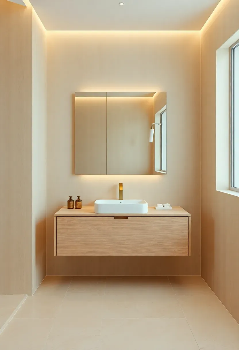 Minimalist bathroom in sandy beige tones with a wall-mounted oak vanity, frameless mirror, matte sand-colored large format floor tiles, and soft indirect lighting