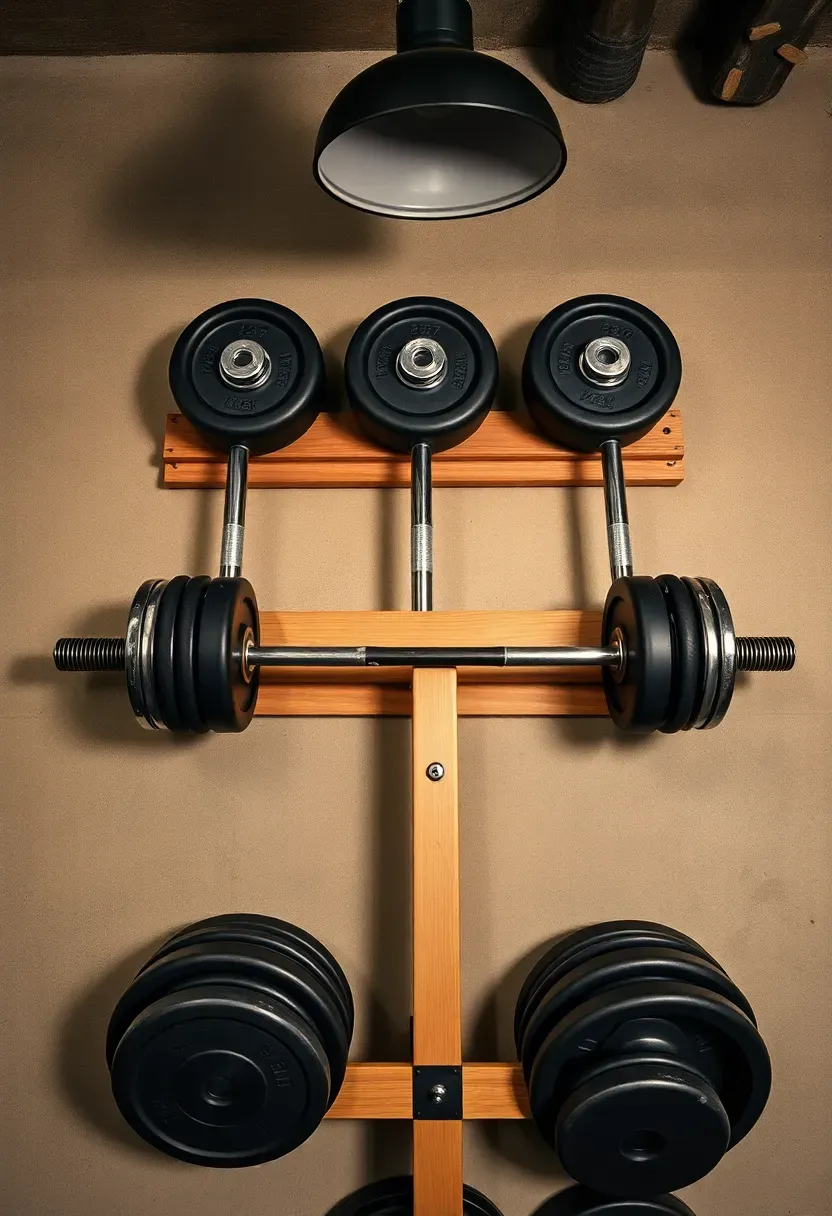 Three barbells stored horizontally on a wall-mounted gun rack style holder in a basement gym, plates stacked on a tree below