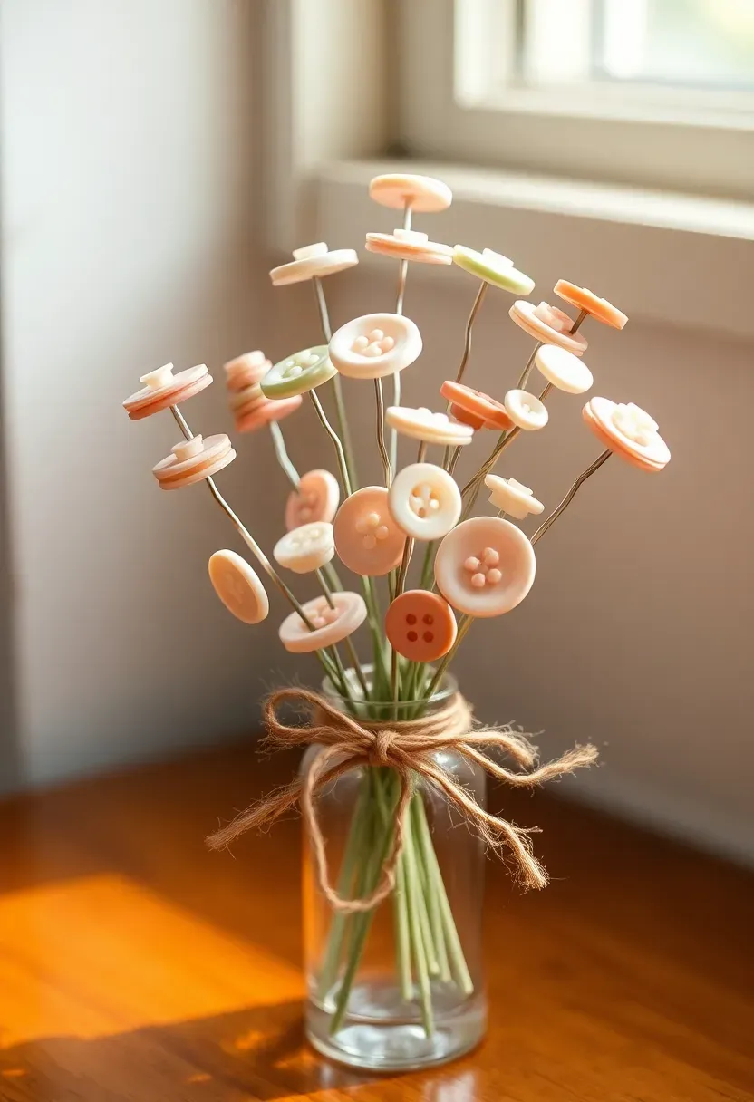 button bouquet arranged in a vase with buttons clustered on wire stems mimicking spring blooms in pastel colors