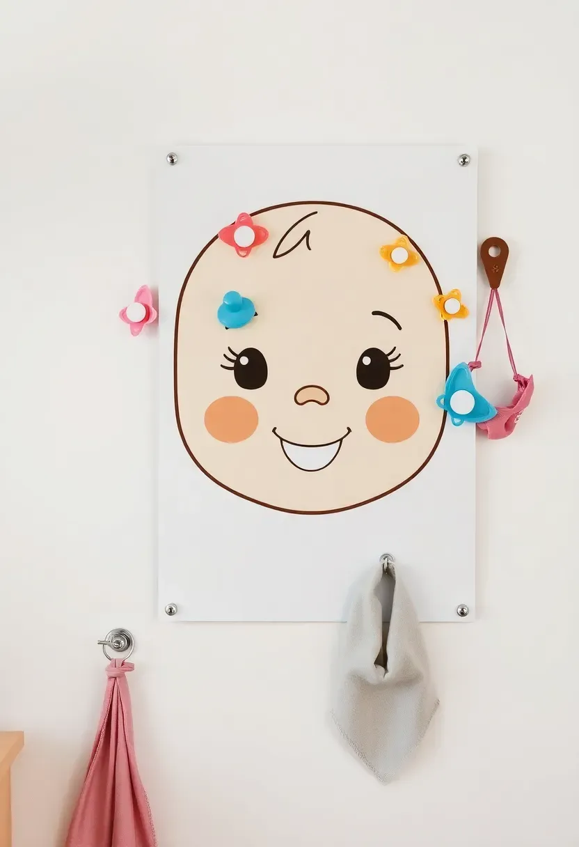 a large cartoon baby poster on the wall with guests trying to pin a magnetic pacifier blindfolded