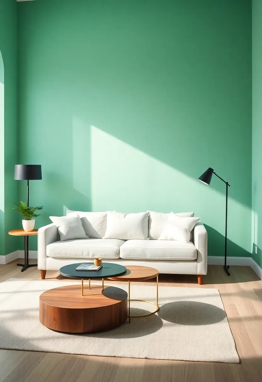 Hyper-realistic 3/4 view of a minimalist living room with mint green walls, white low-profile sofa, walnut side table, black floor lamp. Materials: matte mint paint, smooth white fabric, dark walnut wood, matte black metal. Bright natural light, crisp shadows. Shallow depth of field, contemporary composition, clean geometric lines. No text, no logos, no watermarks.</p>