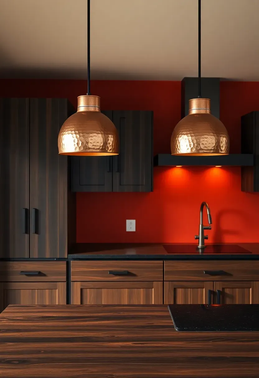 bold kitchen accent wall painted in paprika spice with copper pendant lights and dark wood cabinets