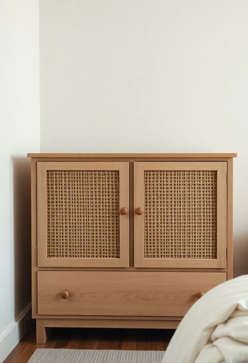 Hyper-realistic 3/4 view of dresser with rounded corners and cane webbing door inserts. Materials: white oak case, natural cane webbing, wood knob pulls, white wall. Soft ambient light, neutral palette, textural storage mood. Sharp focus on cane weave and wood joinery, visible bedroom context. No text, no logos, no watermarks.</p>