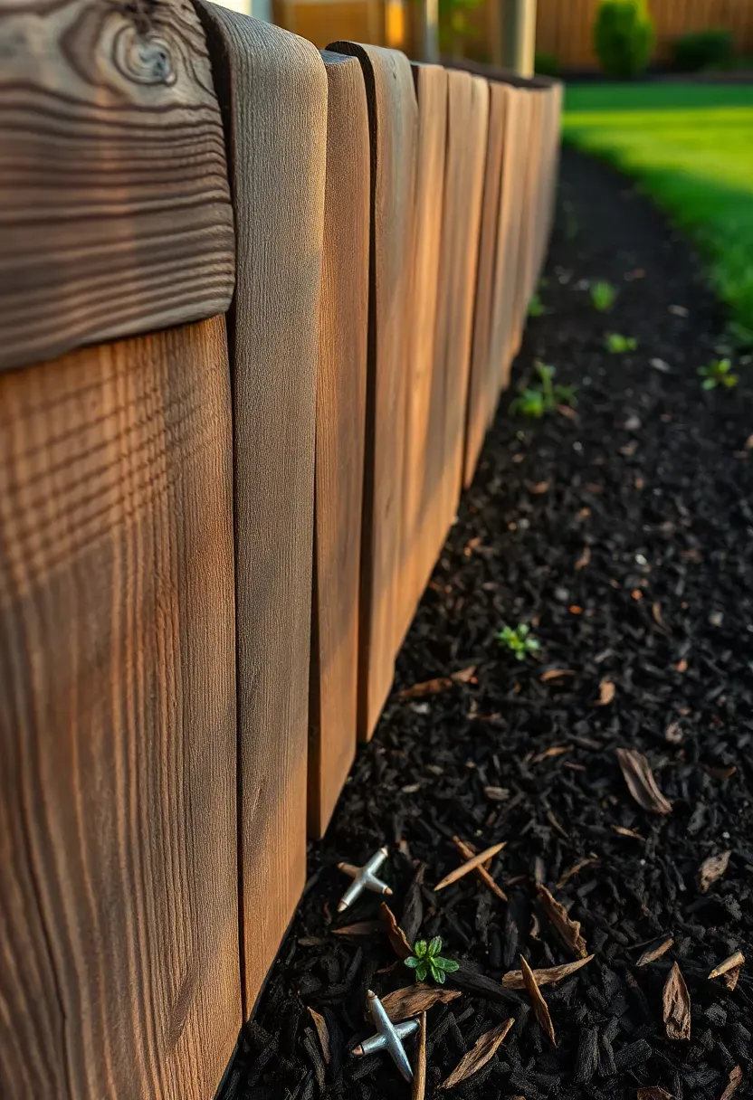 Weathered railroad tie retaining wall with darkened wood grain holding back a mulched garden bed on a suburban backyard slope
