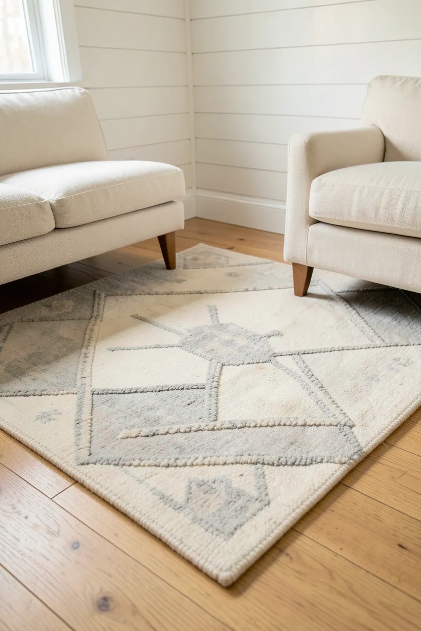 Faded vintage rug with muted geometric pattern anchoring a neutral farmhouse living room seating area