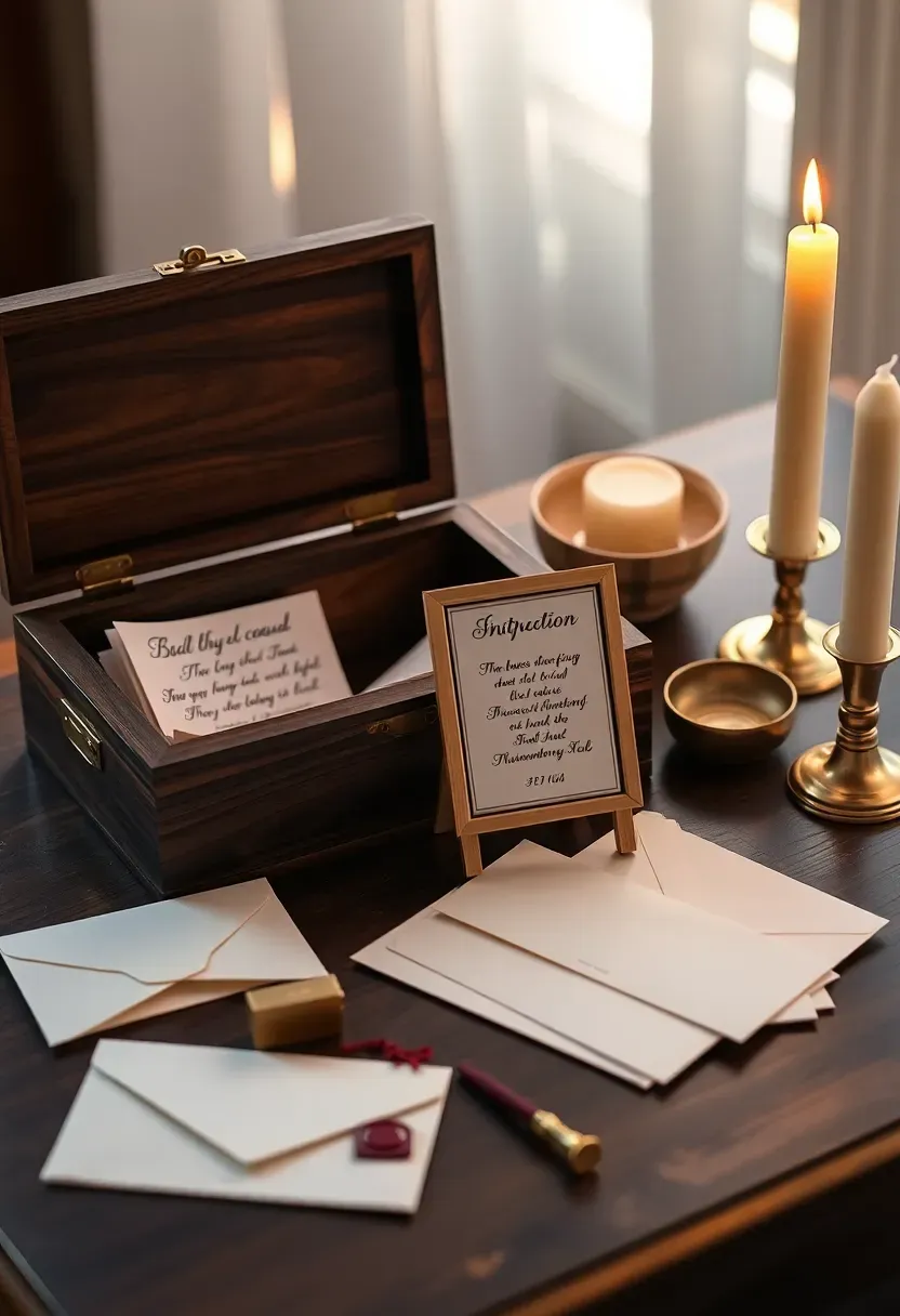baby shower time capsule station with a sign reading seal a note for baby to open on their 18th birthday beside a decorated box envelopes and sealing wax
