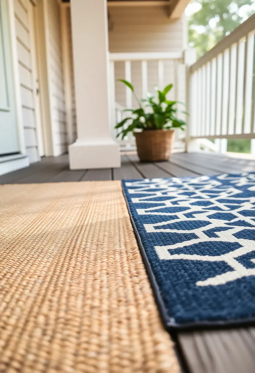 Layered outdoor rugs on a front porch with a striped base rug and smaller patterned accent rug