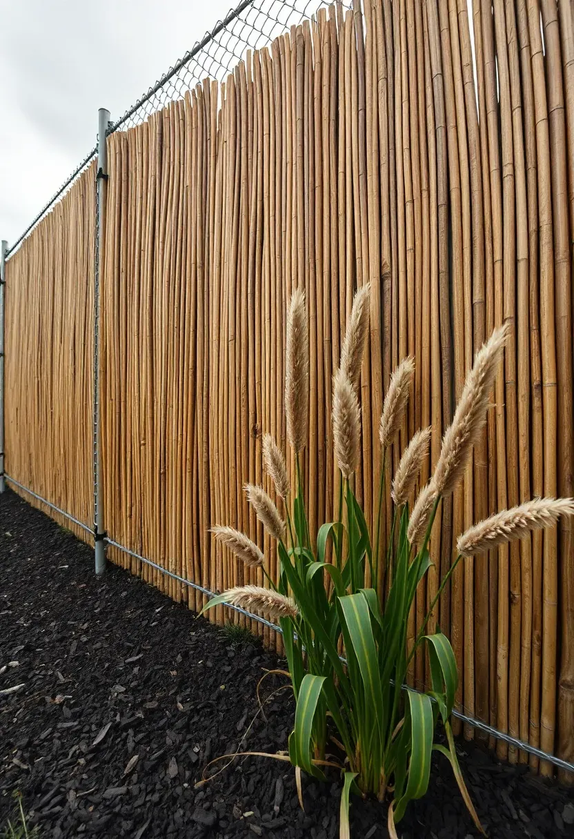 A bamboo reed fence panel zip-tied to a chain link fence in a backyard, providing privacy screening, with ornamental grasses planted along the base