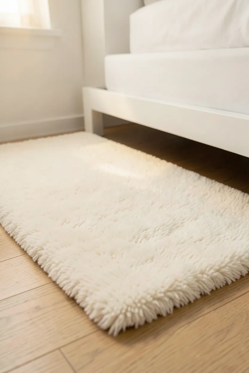 Soft plush white rug extending from under bed in a cozy Japandi bedroom with warm lighting