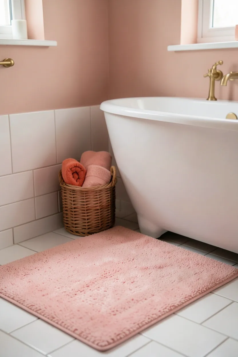 Layered soft blush pink bath mat and rose rug on white tile floor in a small apartment bathroom