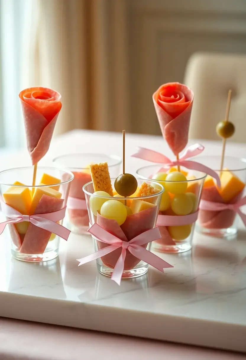 individual charcuterie cups for a baby shower with salami roses, cheese cubes, grapes, crackers, and olives neatly arranged in clear plastic cups with decorative ribbon