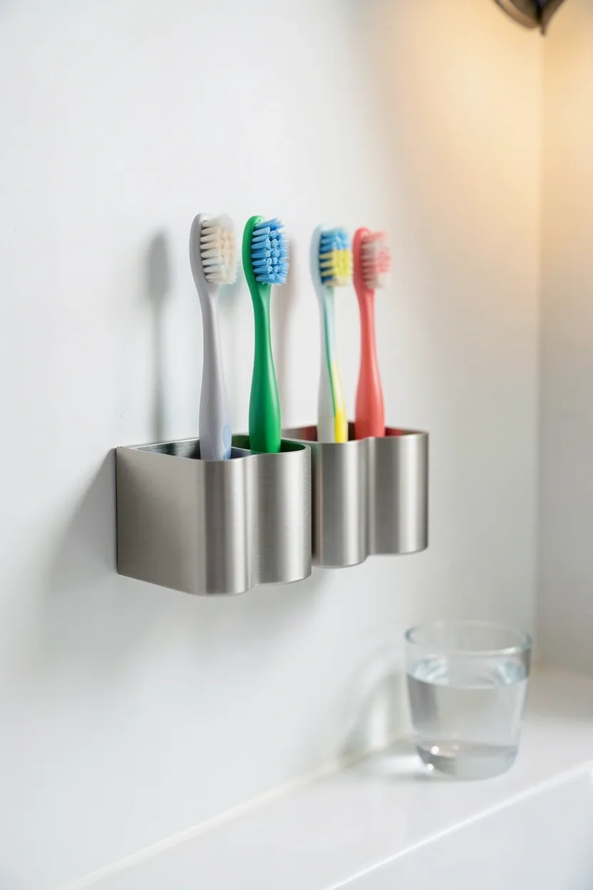 Matte black adhesive wall-mounted toothbrush holder with four slots above a small rental bathroom sink, freeing up counter space