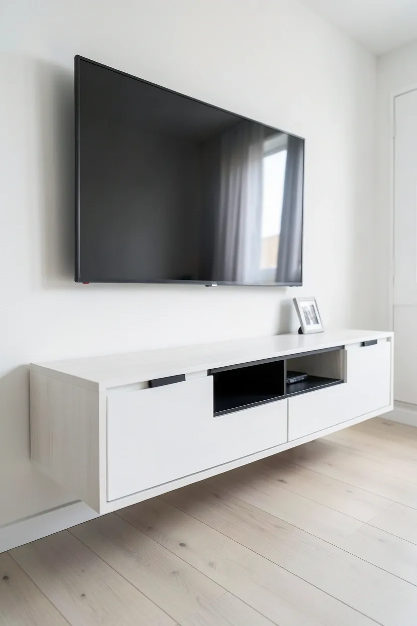 Wall-mounted light wood floating TV console with concealed cabinet doors keeping a Scandinavian living room clean and clutter-free