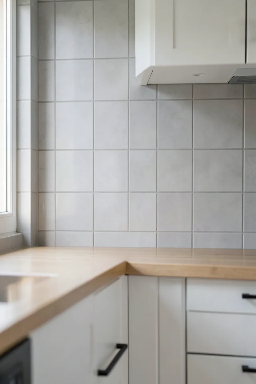 Narrow vertical white ceramic tile backsplash with matching grout in a Scandinavian kitchen — subtle texture that draws the eye upward in a small rental kitchen