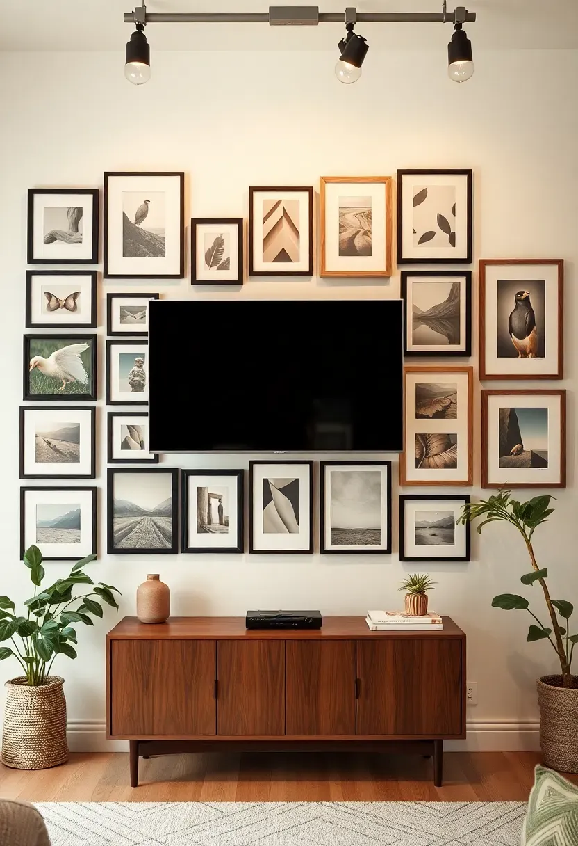 Eclectic living room with a mounted TV surrounded by an asymmetrical gallery wall arrangement of framed art and photos in various frame styles