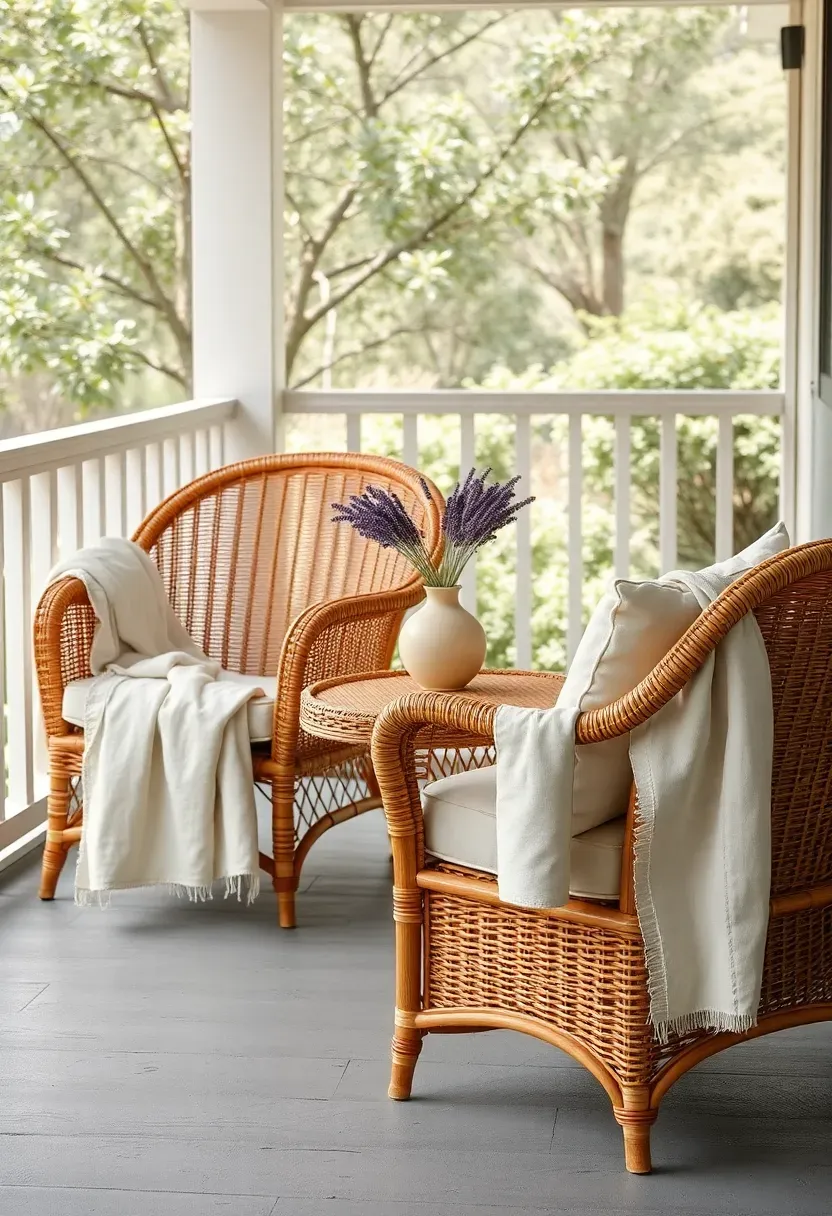 Natural wicker loveseat and armchair with cream linen throws on a shaded wraparound porch