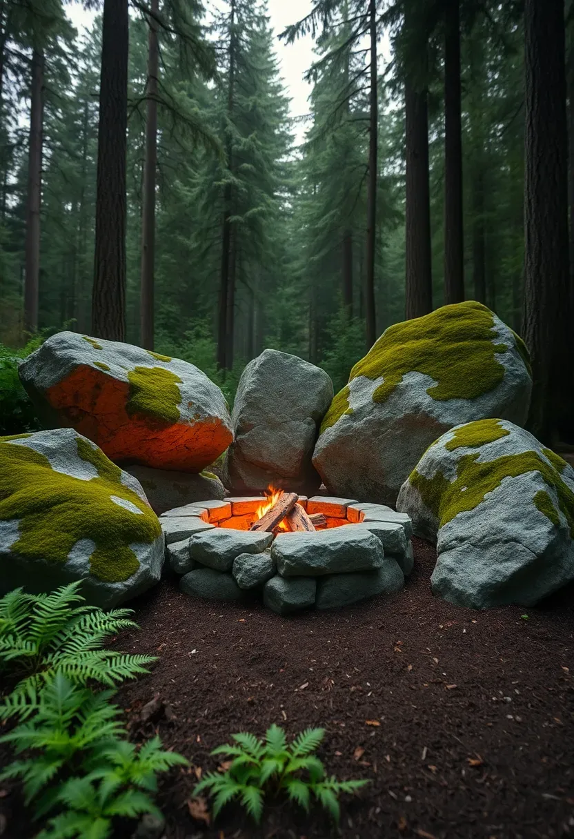 Large natural boulders arranged asymmetrically around a ground-level fire ring in a Pacific Northwest forest backyard