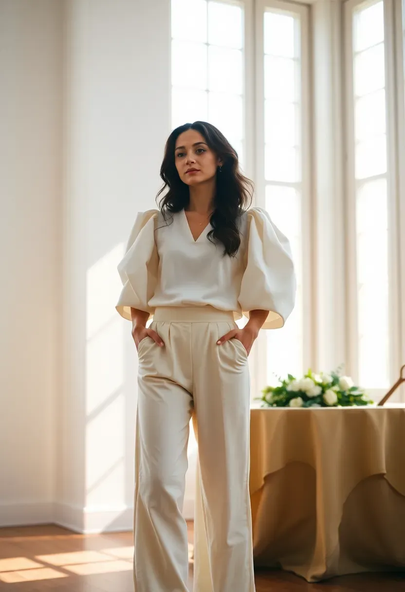 woman in a billowy puff-sleeve white blouse with cream wide-leg trousers at a chic baby shower