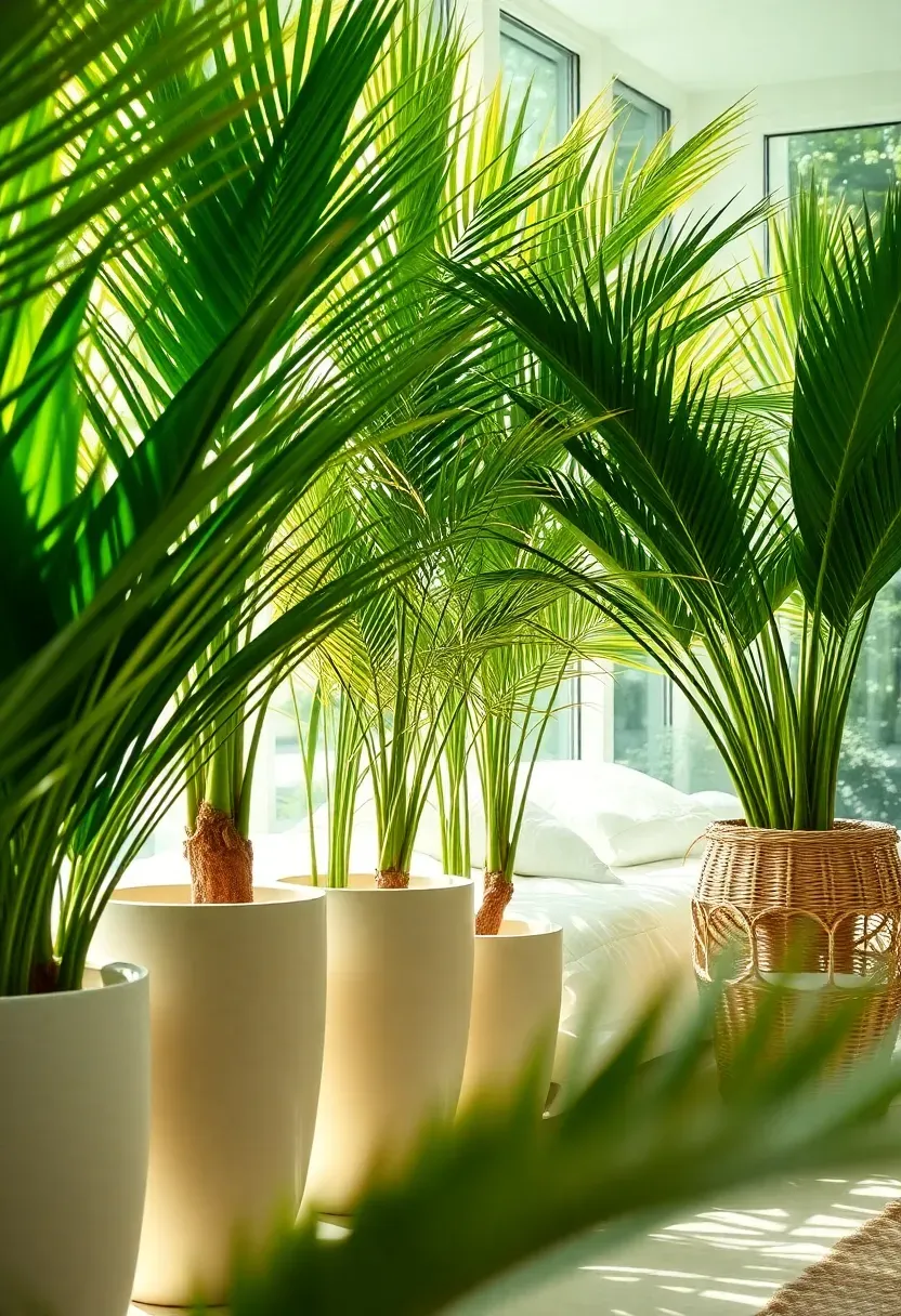 Row of tall potted areca palms and bird of paradise plants along sunroom glass wall, creating a lush green privacy screen, bed with white bedding visible behind foliage