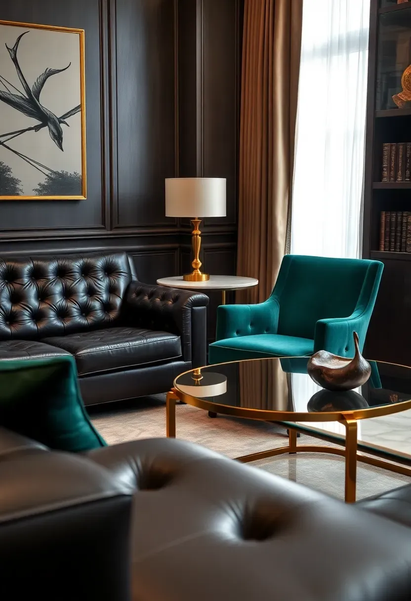 Hyper-realistic 3/4 view of luxe living room with dark grey leather couch, emerald velvet accent chair, brass and glass coffee table, marble side table, silk curtains, leather-bound books on shelf. Materials: grey leather with subtle grain, emerald velvet, polished brass, white carrera marble, champagne silk. Warm ambient light from brass lamp, reflection on glass and leather. Luxe materials mood like private club. Shallow depth of field, visible leather grain and velvet sheen. No text, no logos, no watermarks.</p>