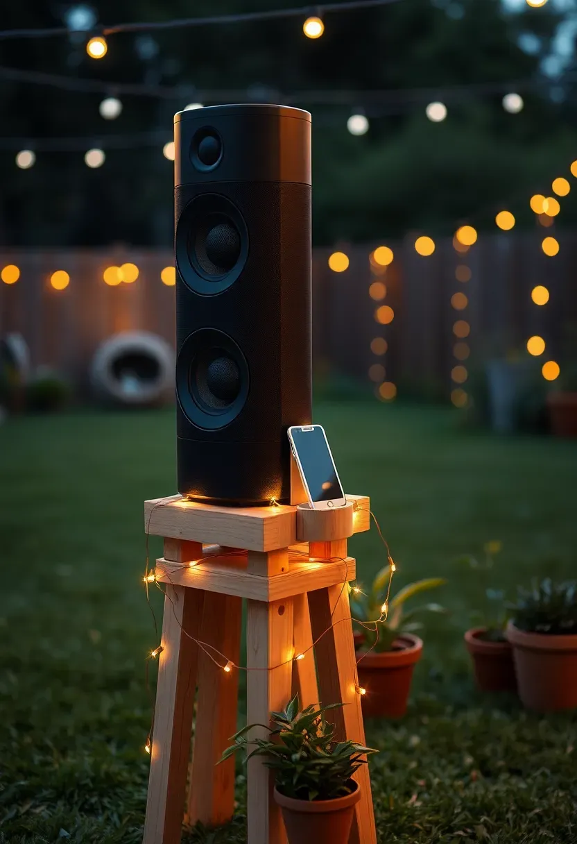 Tall portable Bluetooth speaker tower on a decorated stand with a smartphone dock at a backyard teen party with fairy lights