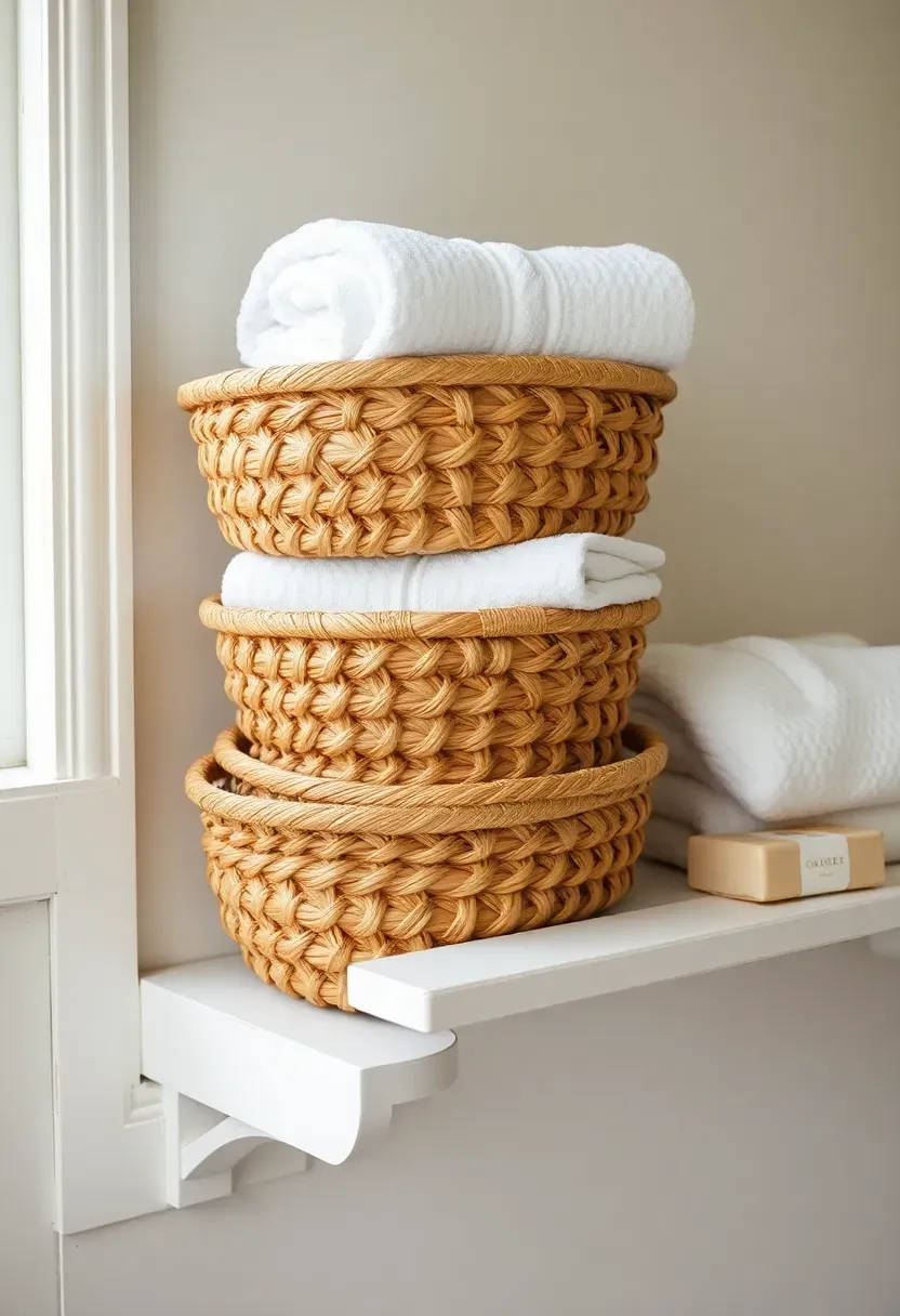 Stacked open-weave seagrass baskets on a bathroom shelf holding rolled white towels and a bar of soap