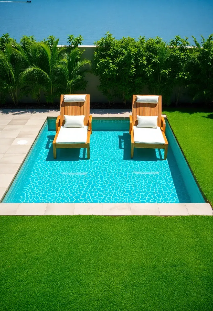 Bright synthetic turf surrounding a rectangular swimming pool with lounge chairs and concrete coping