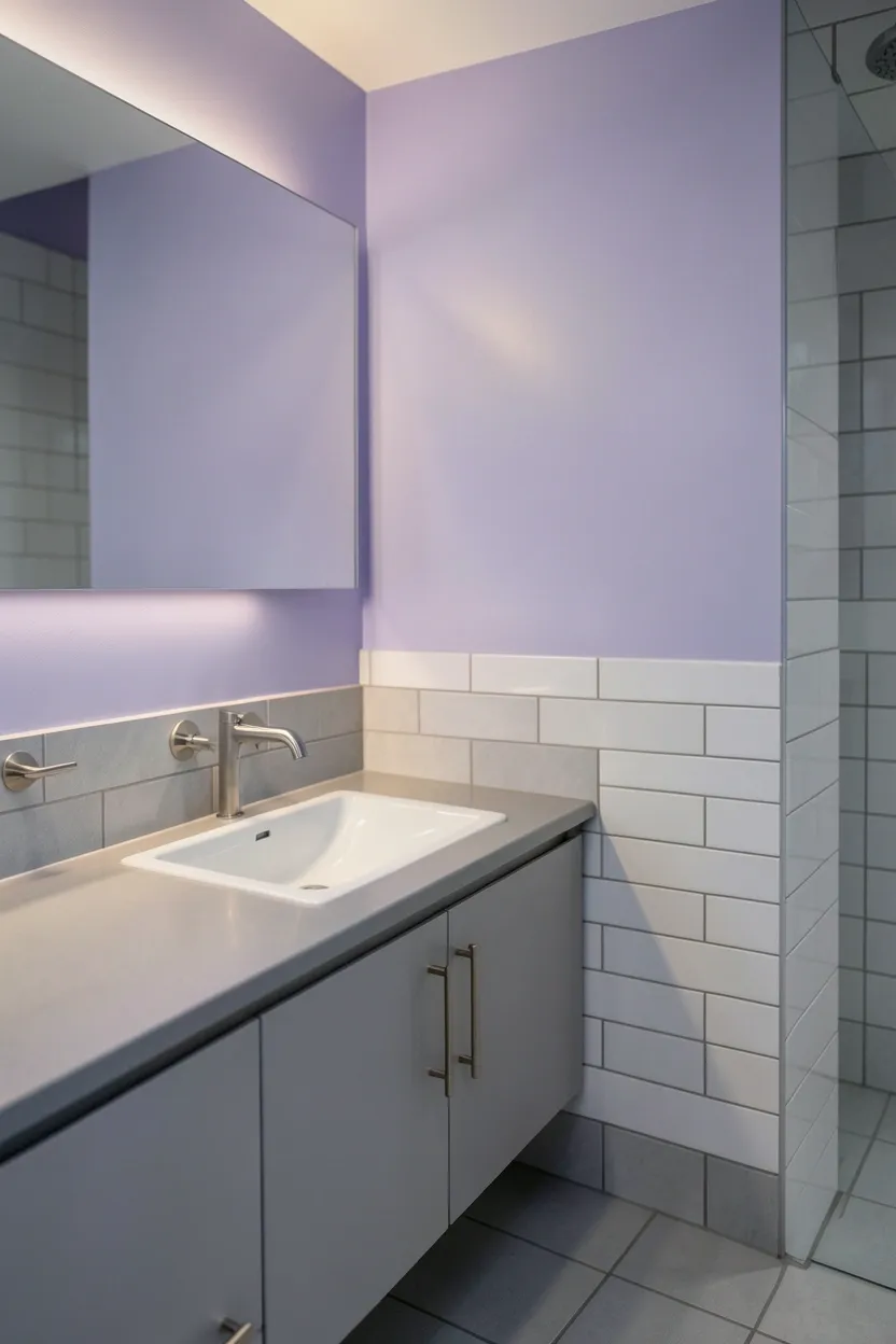 Serene rental bathroom with soft lavender feature wall, light gray tiles, nickel fixtures, and white towels — calming apartment color idea